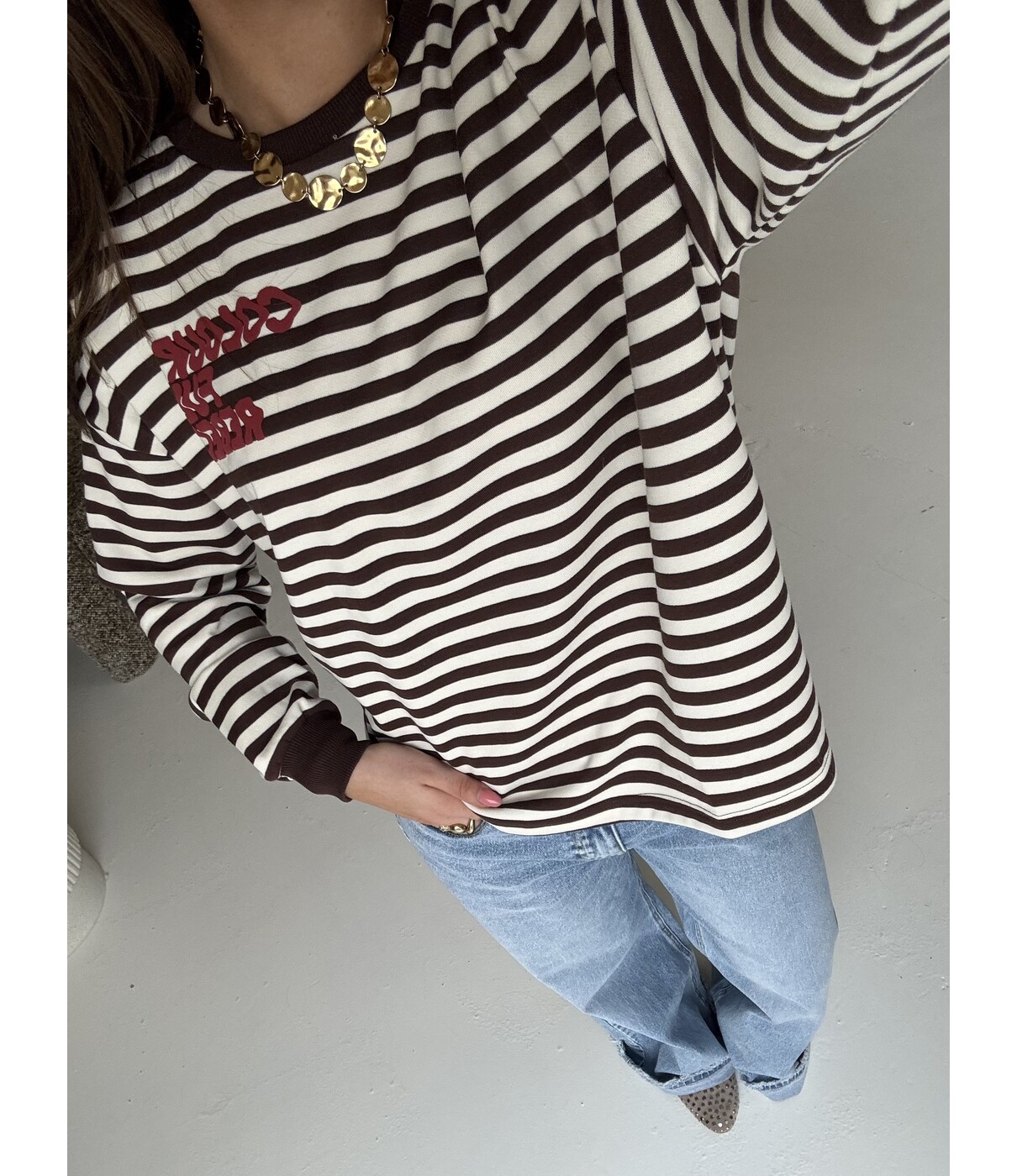 Colourful Rebel Colourful Rebel Striped wavy logo longsleeve | bruin/wit