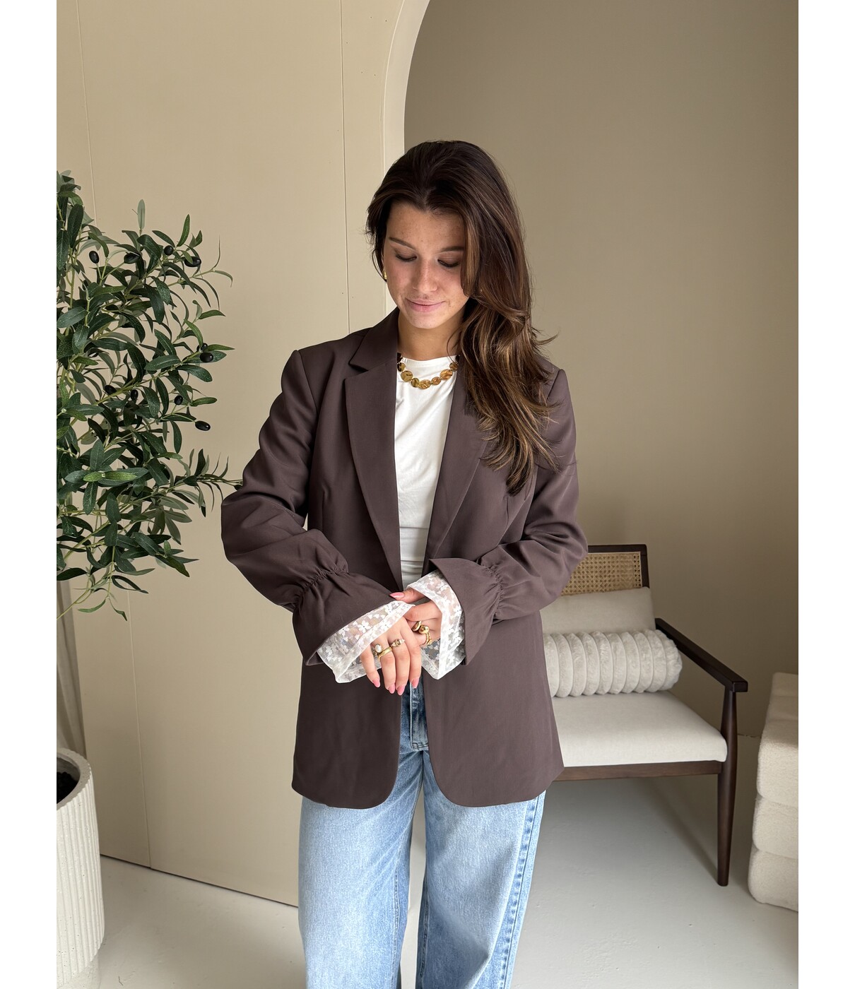Colourful Rebel Colourful Rebel Mimmi lace sleeve blazer | bruin