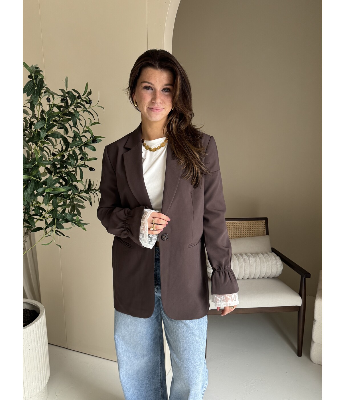 Colourful Rebel Colourful Rebel Mimmi lace sleeve blazer | bruin