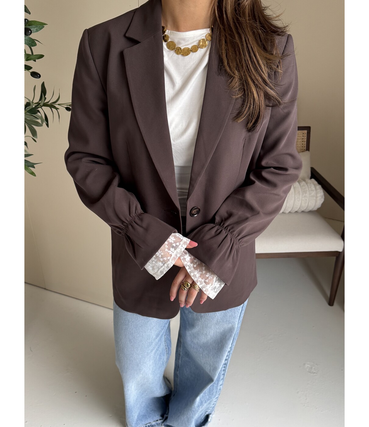 Colourful Rebel Colourful Rebel Mimmi lace sleeve blazer | bruin
