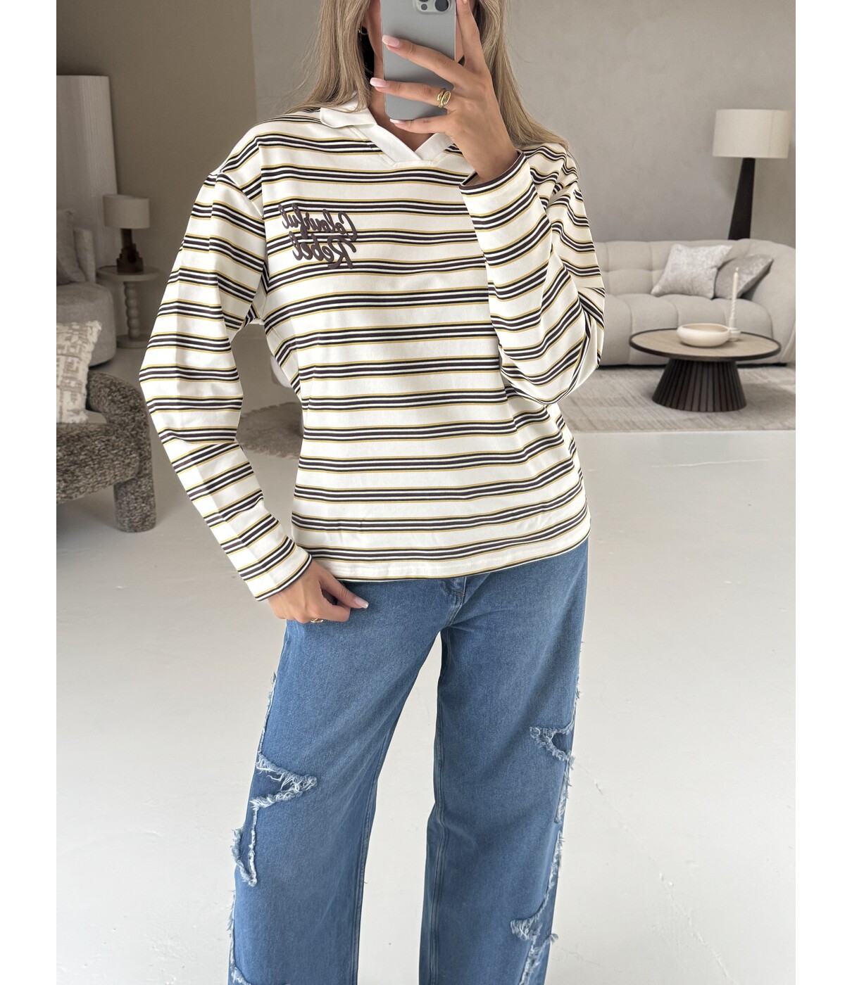 Colourful Rebel Colourful Rebel Sport collar striped sweat | off white