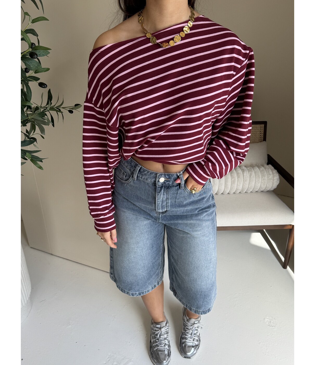 Trui gestreept bordeaux/roze | Teddie