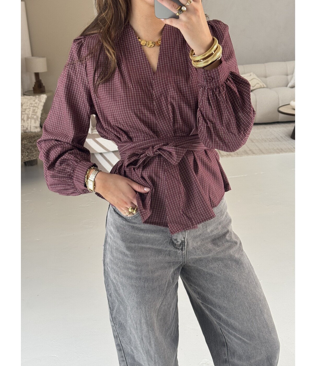 Blouse geruit bordeaux | Suze
