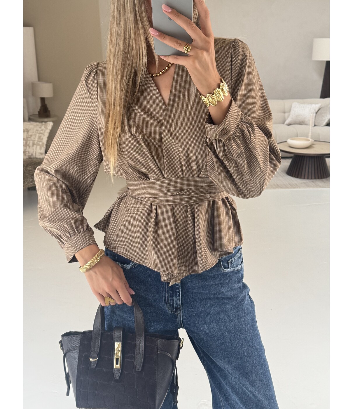 Blouse geruit beige | Suze