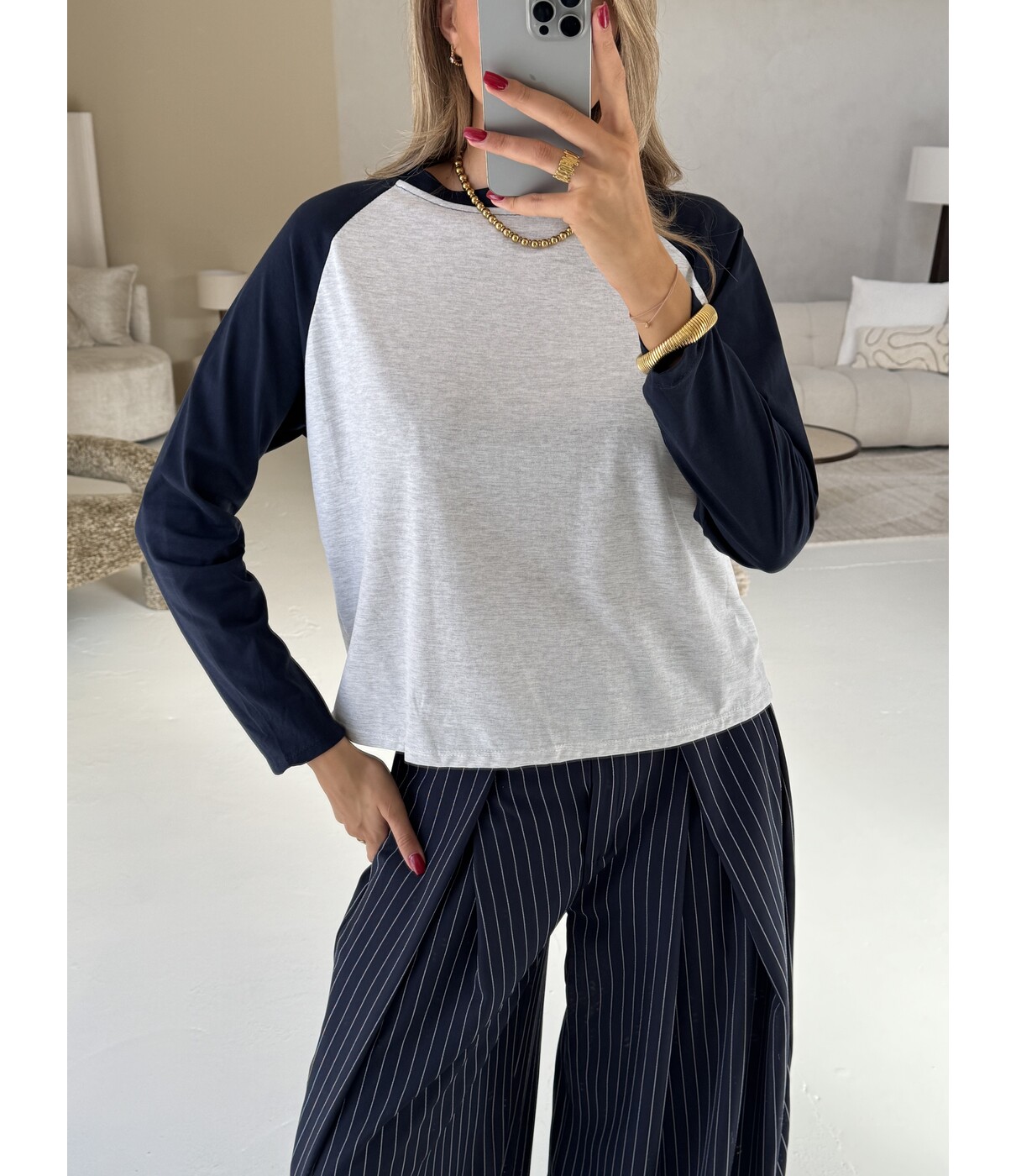 Longsleeve grijs/navy | Lizan one size