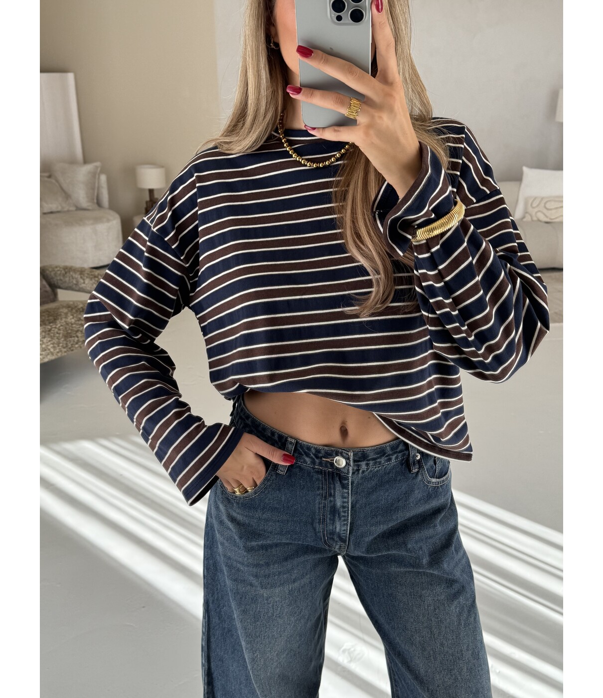 Longsleeve gestreept navy/bruin | Lieke
