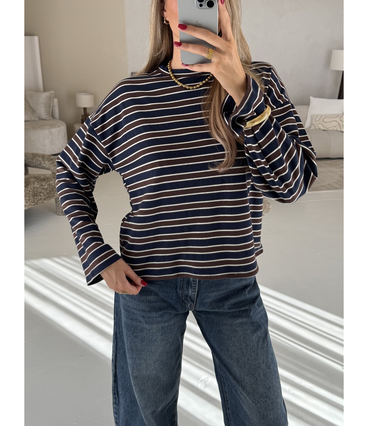 Longsleeve gestreept navy/bruin | Lieke