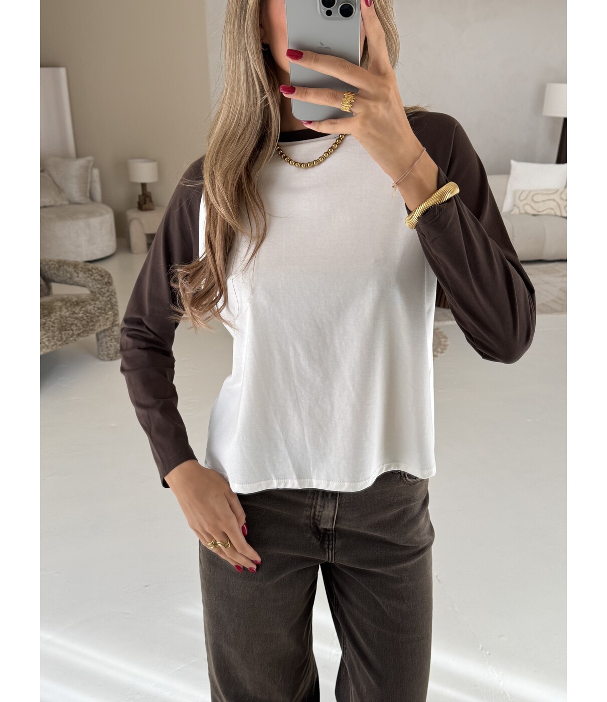 Longsleeve wit/bruin | Lizan one size