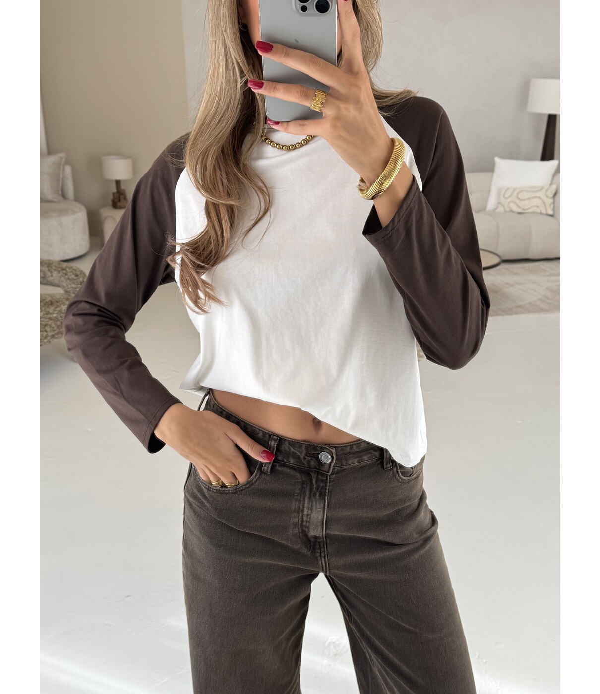 Longsleeve wit/bruin | Lizan one size