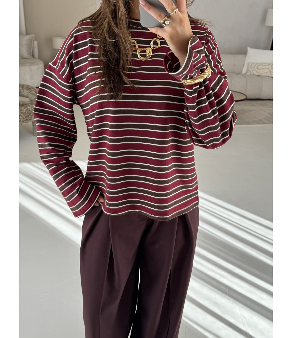 Longsleeve gestreept bordeaux/bruin | Lieke