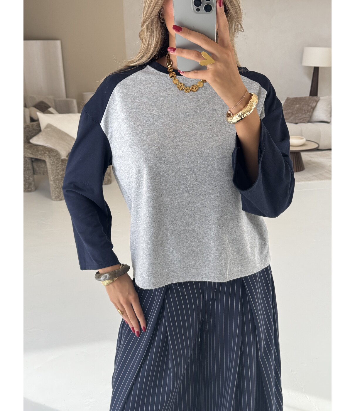 Longsleeve grijs/navy | Melissa one size