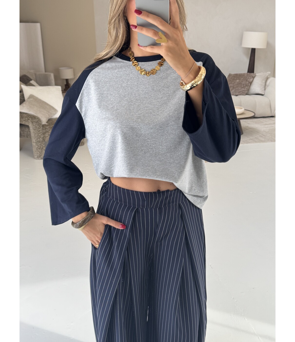 Longsleeve grijs/navy | Melissa one size