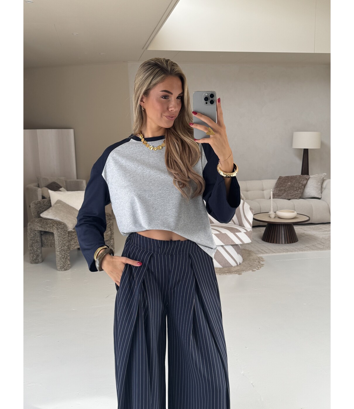 Longsleeve grijs/navy | Melissa one size