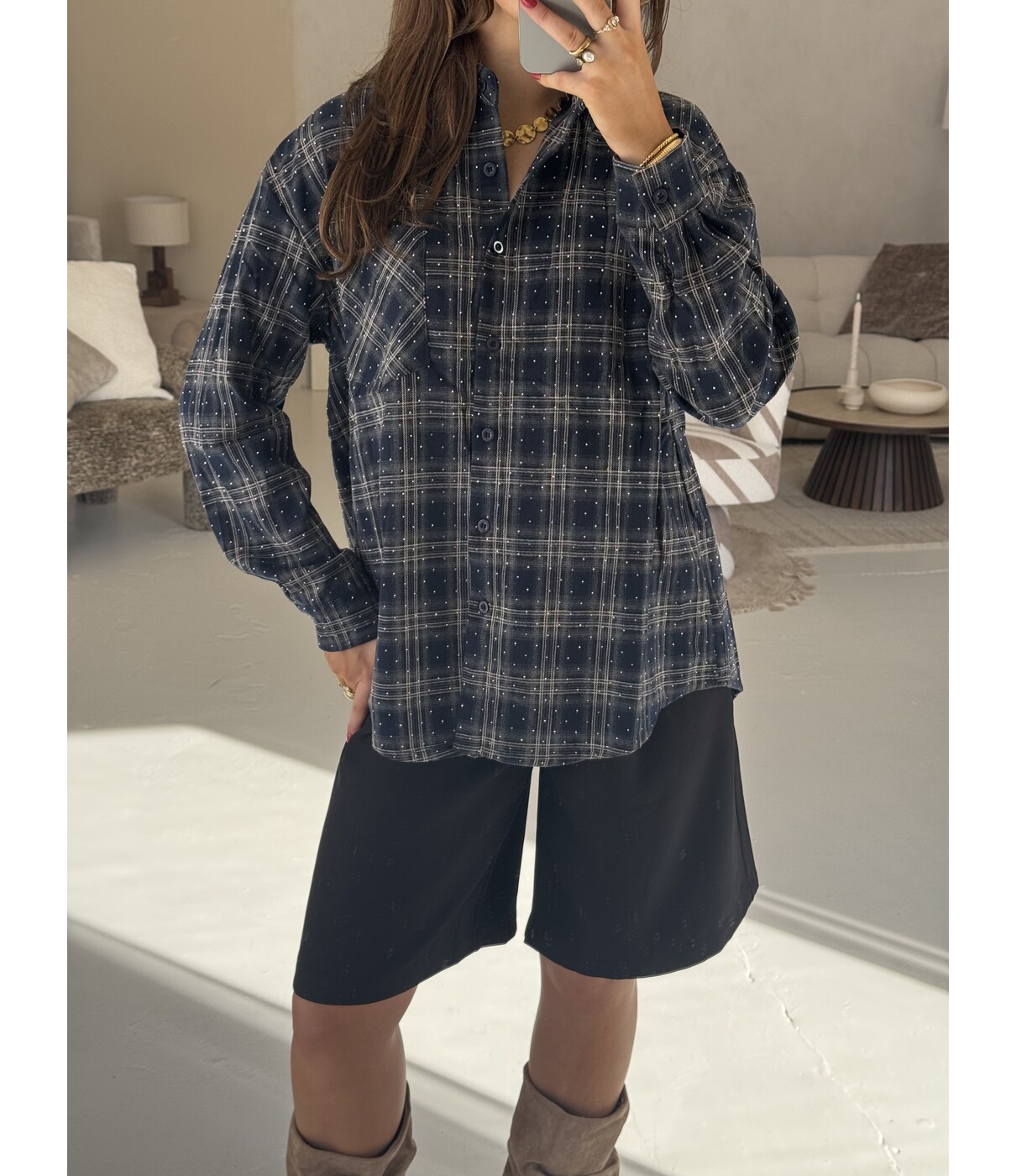 Blouse geruit blauw glitters | Clara