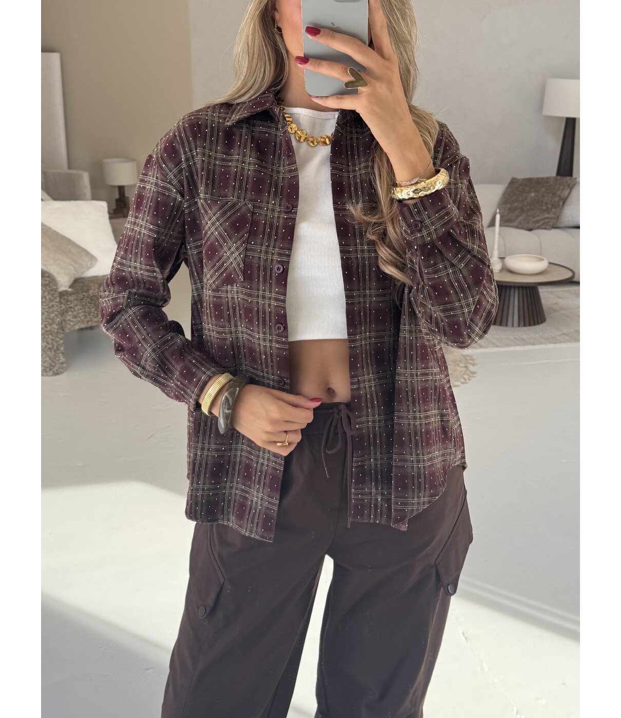 Blouse geruit bordeaux glitters | Clara