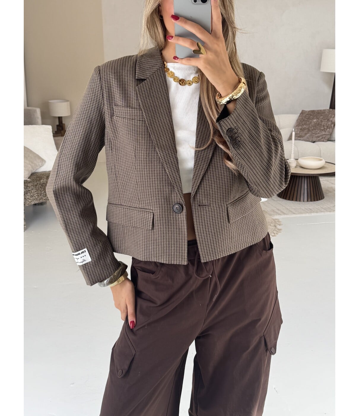 Colourful Rebel Colourful Rebel Dova herringbone cropped blazer | bruin