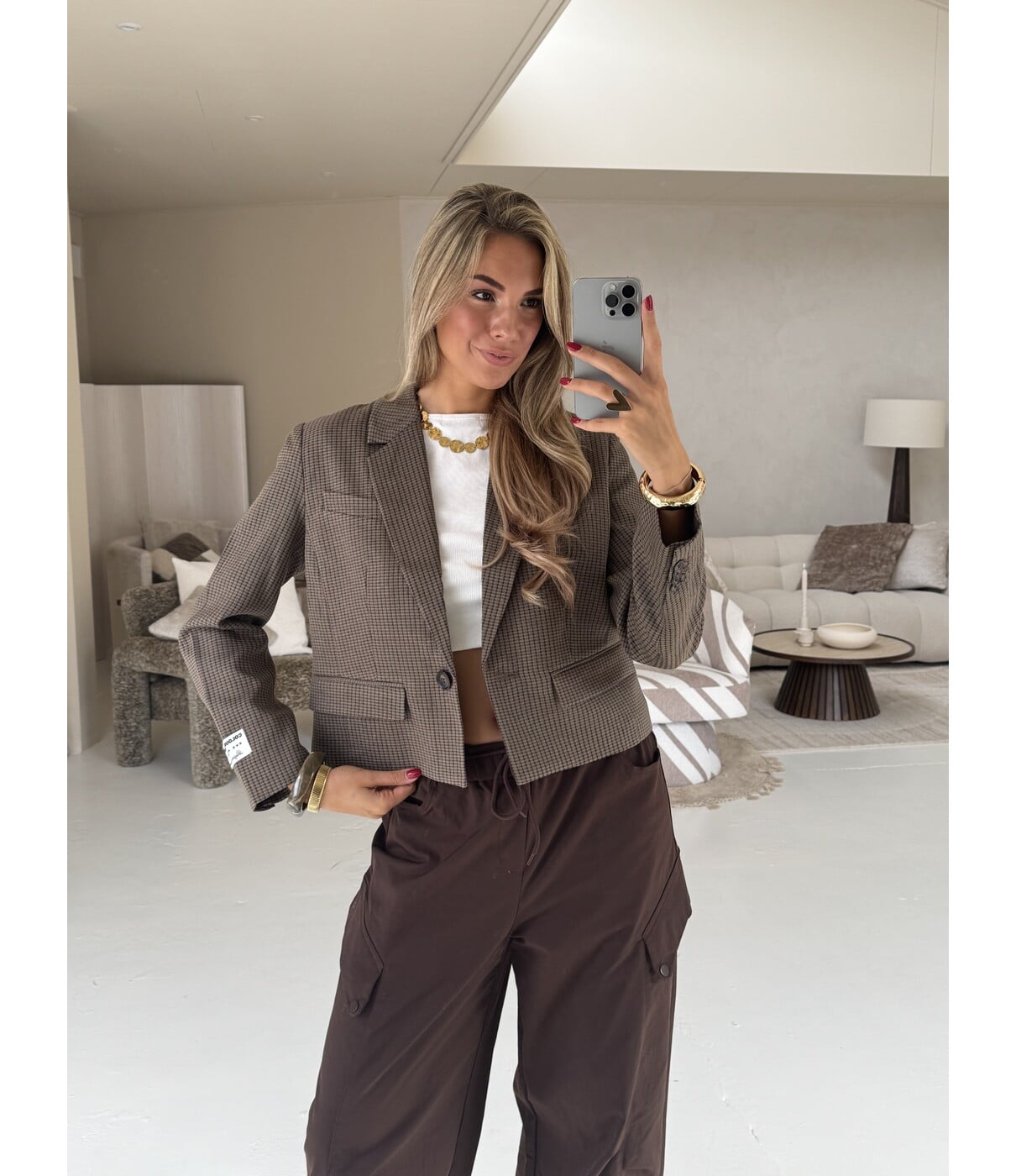 Colourful Rebel Colourful Rebel Dova herringbone cropped blazer | bruin