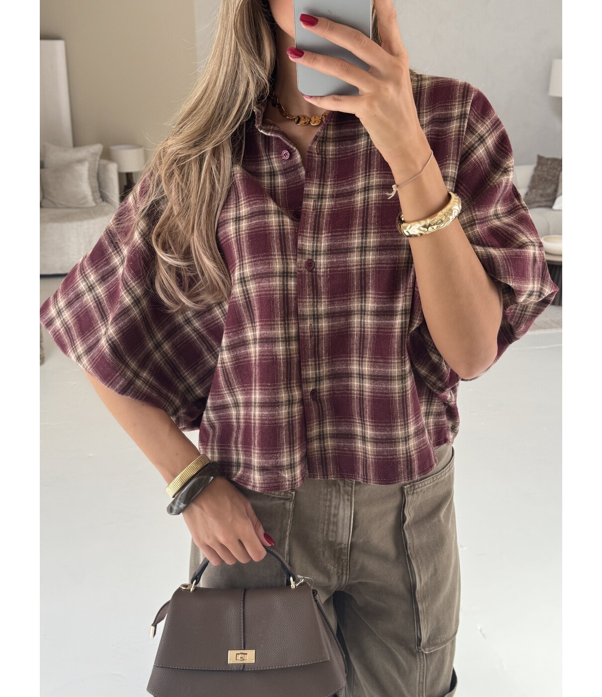 Blouse geruit bordeaux | Mira