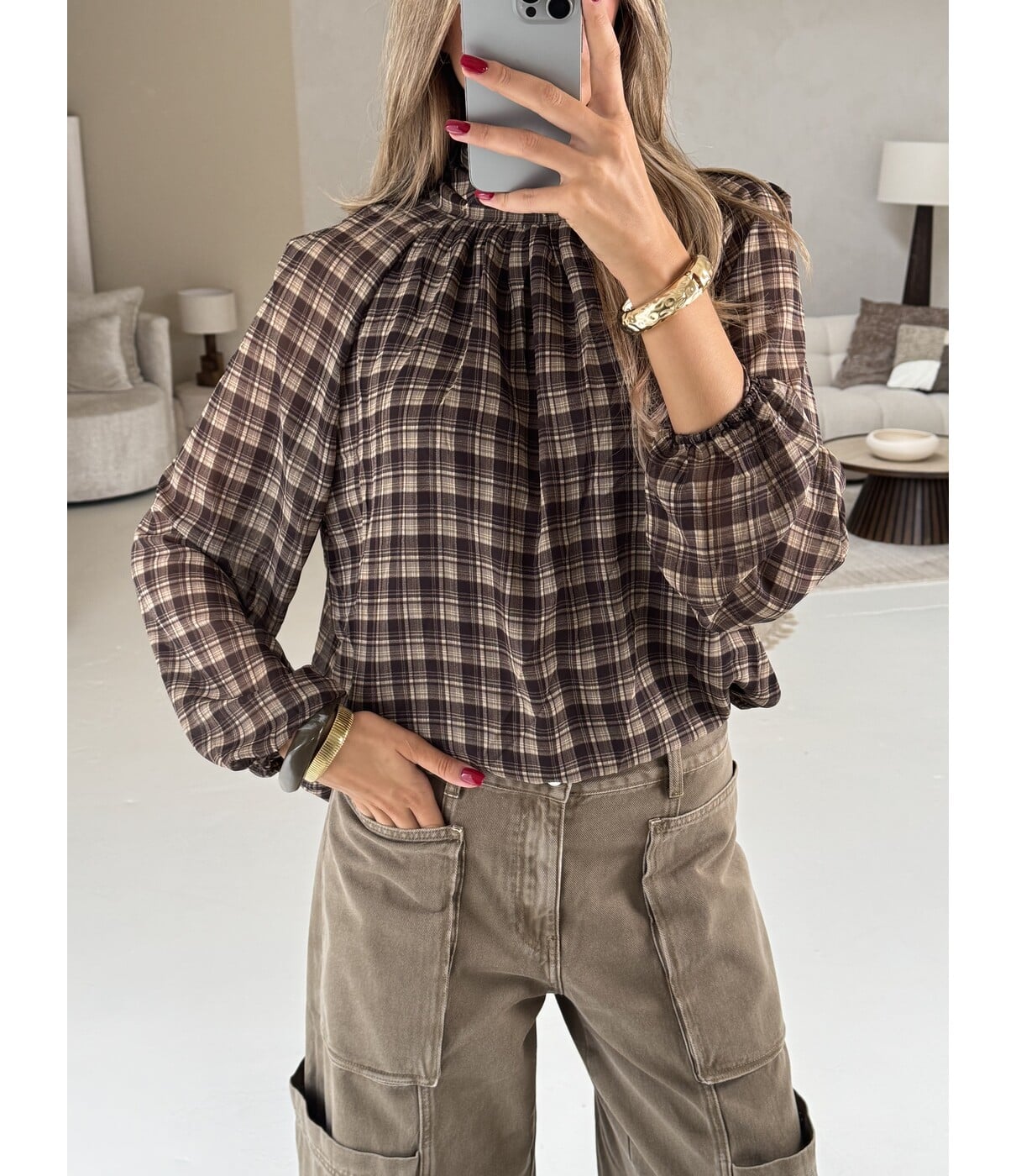 Blouse geruit bruin | Nerina