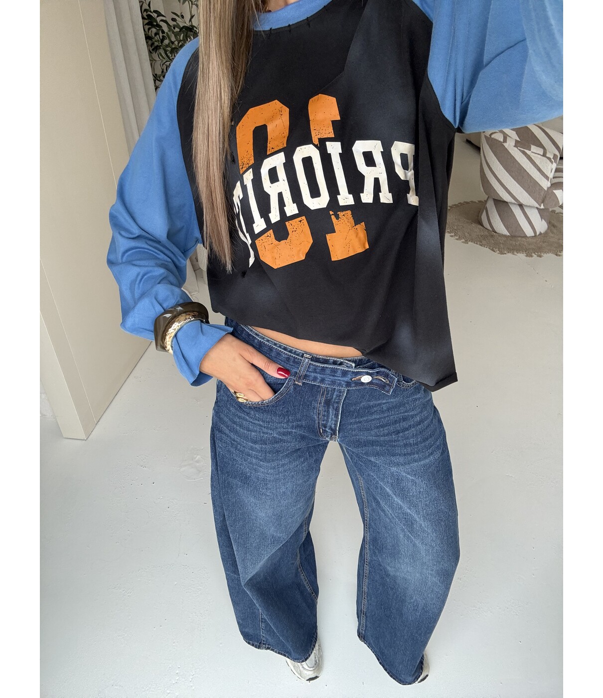 Priority  distressed longsleeve | lichtblauw