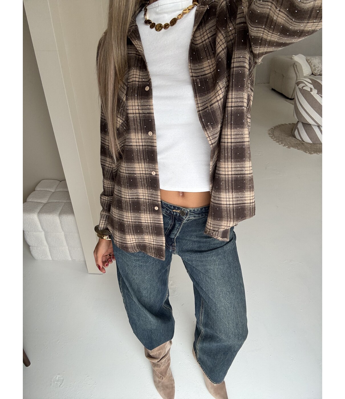 Blouse geruit bruin glitters | Lare