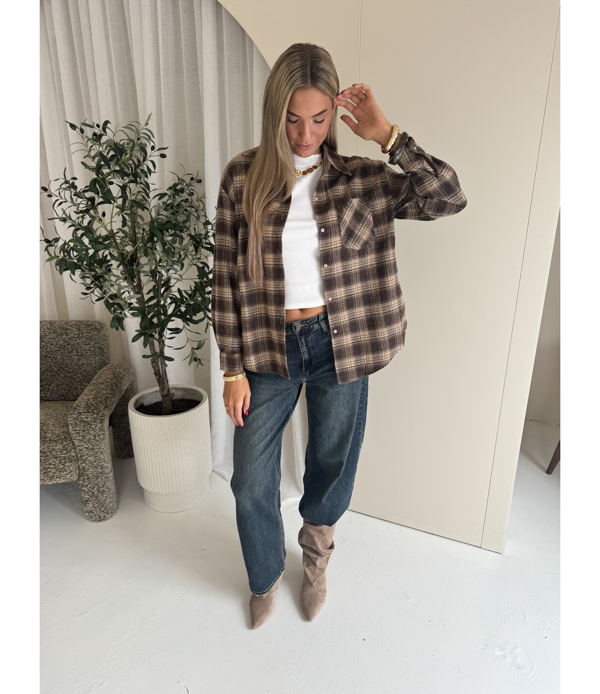 Blouse geruit bruin glitters | Lare