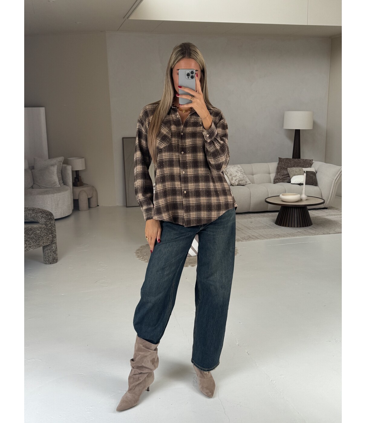 Blouse geruit bruin glitters | Lare