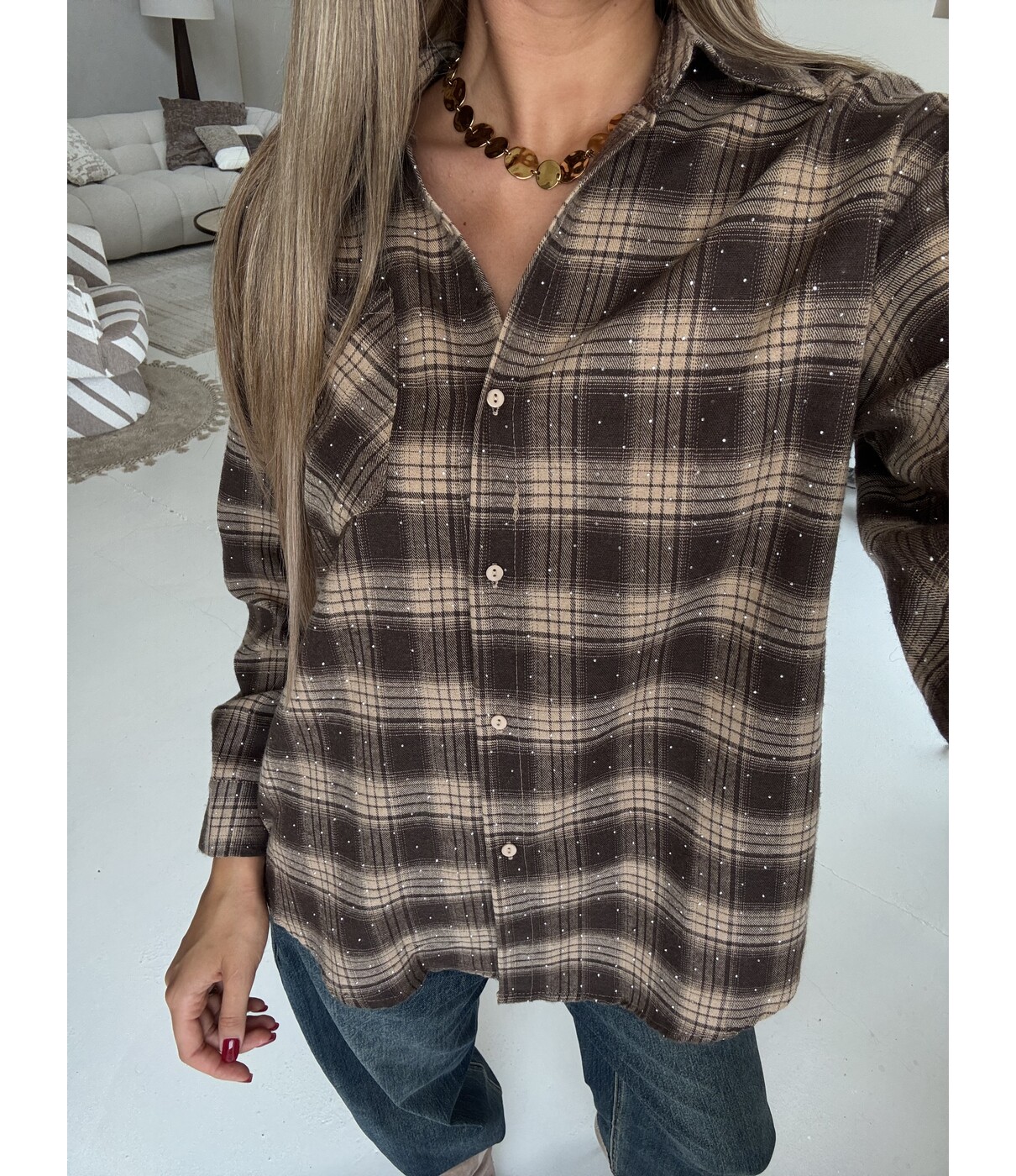Blouse geruit bruin glitters | Lare