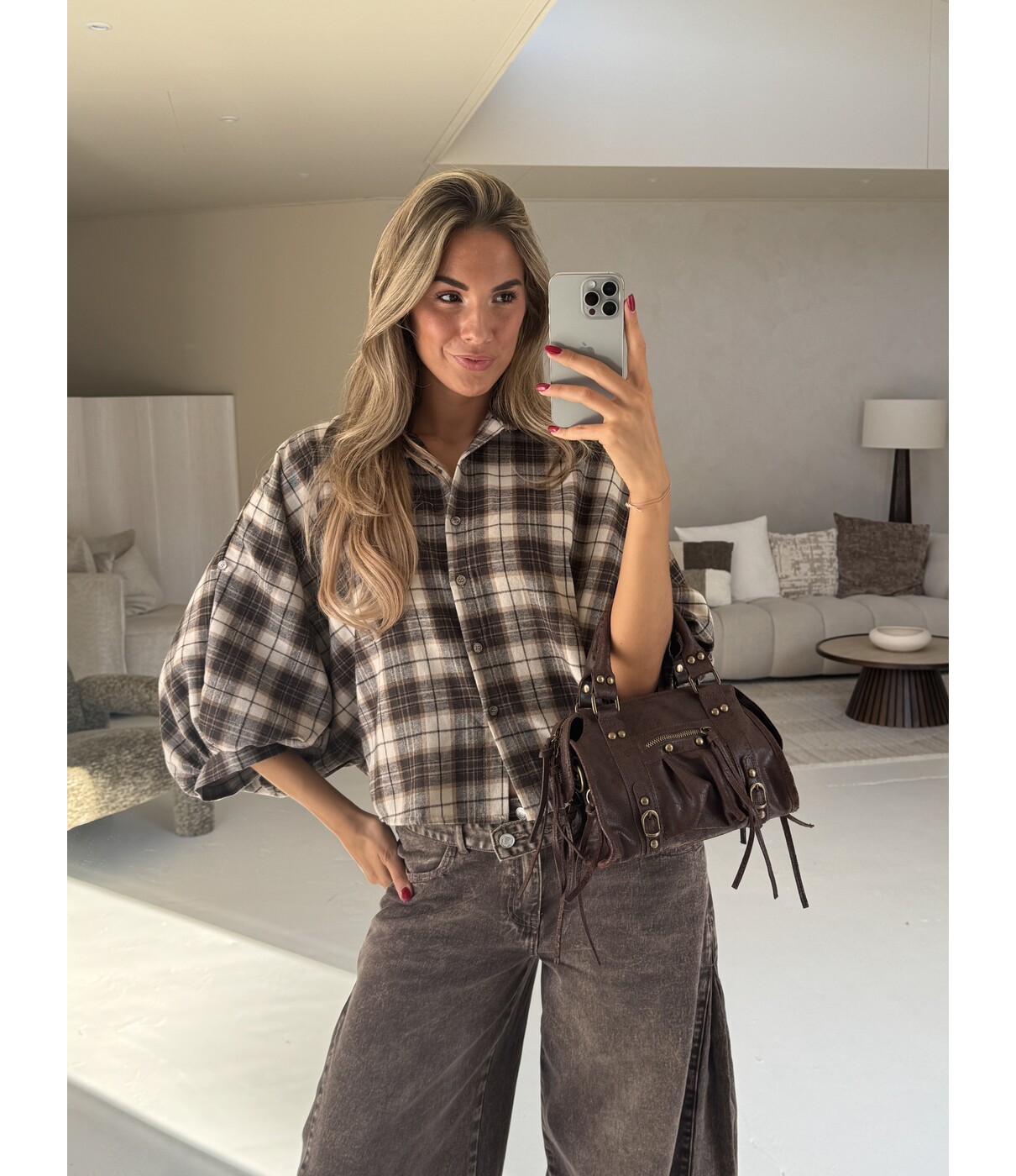 Blouse geruit beige/bruin | Mira