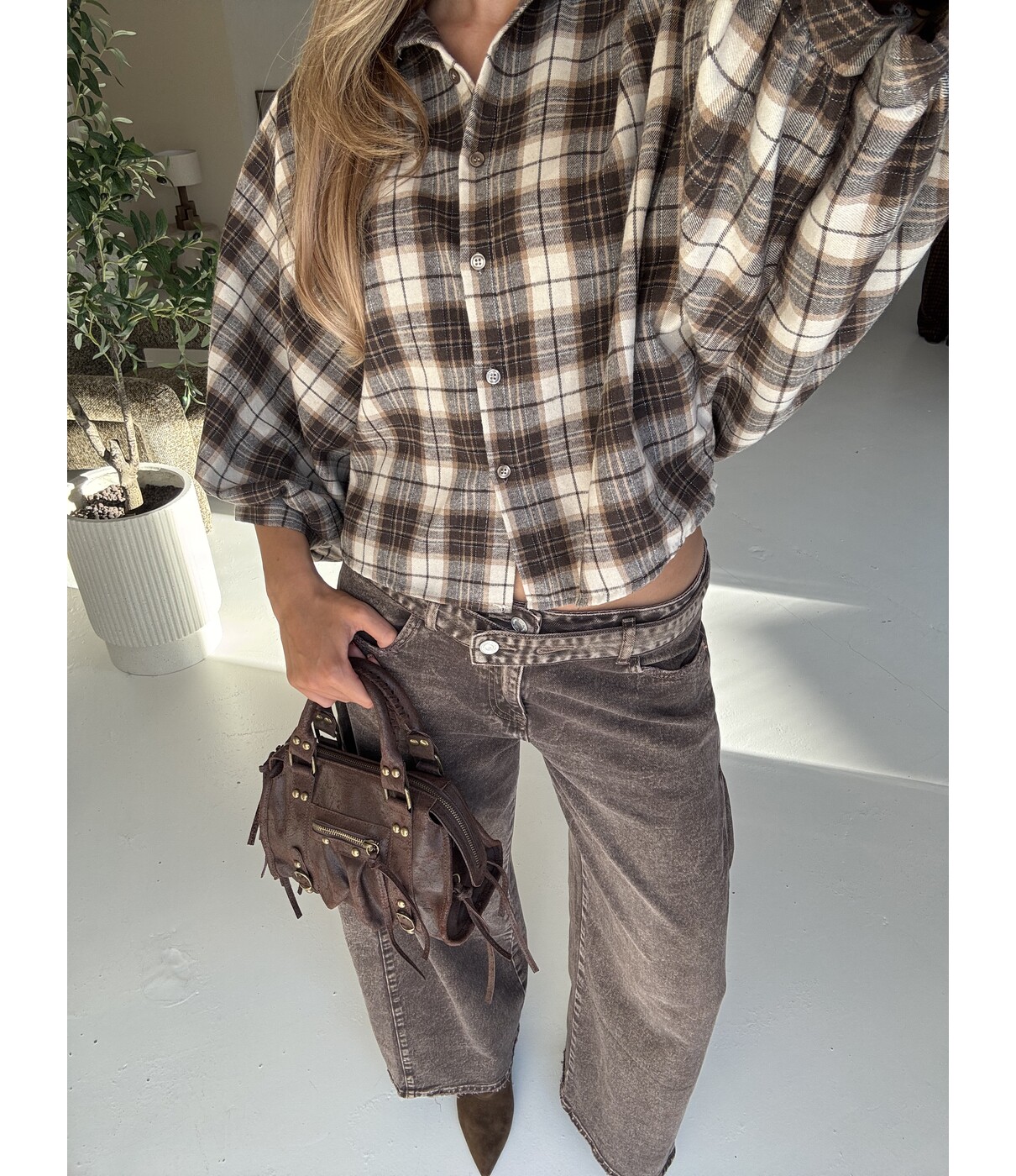 Blouse geruit beige/bruin | Mira