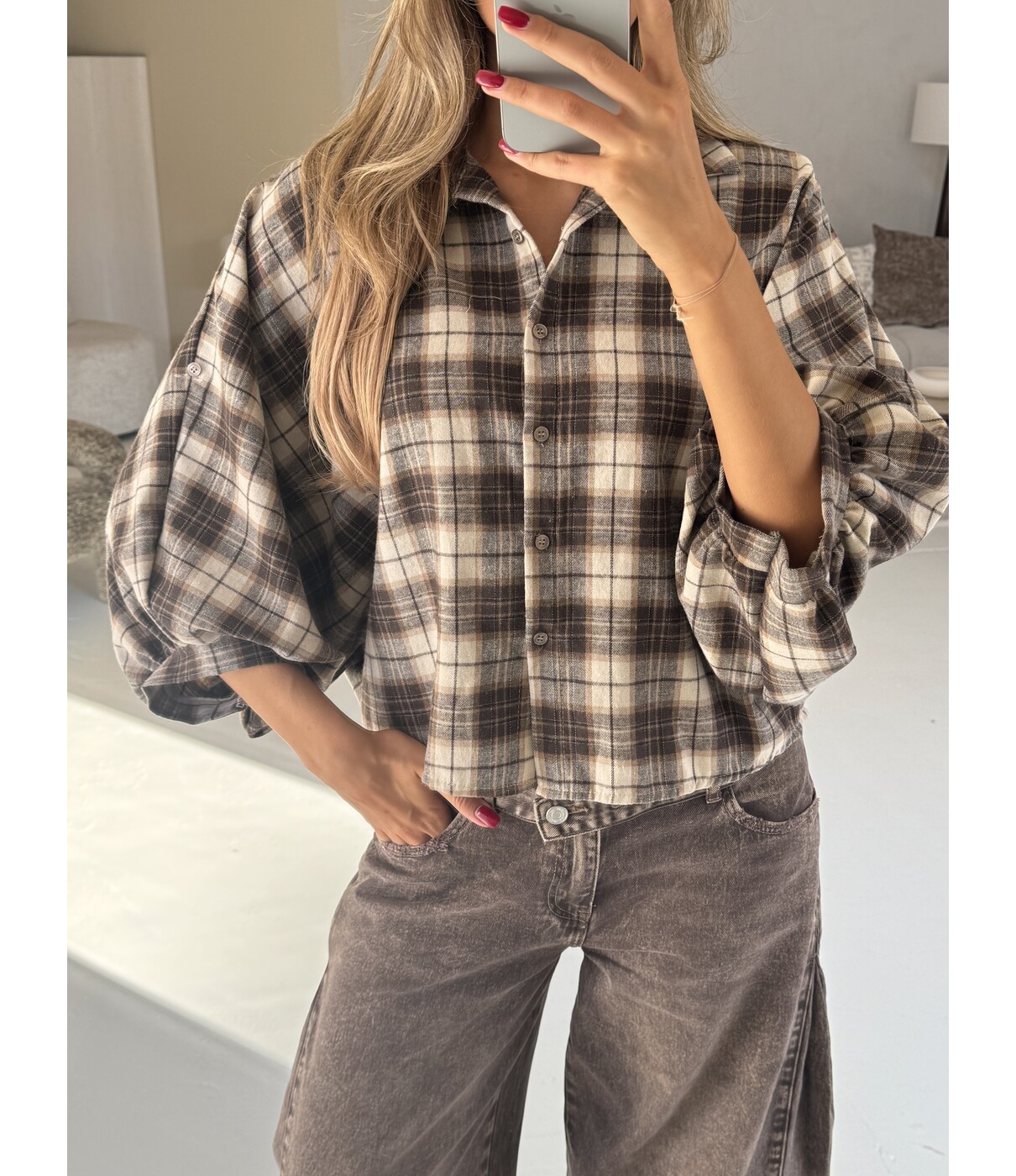 Blouse geruit beige/bruin | Mira