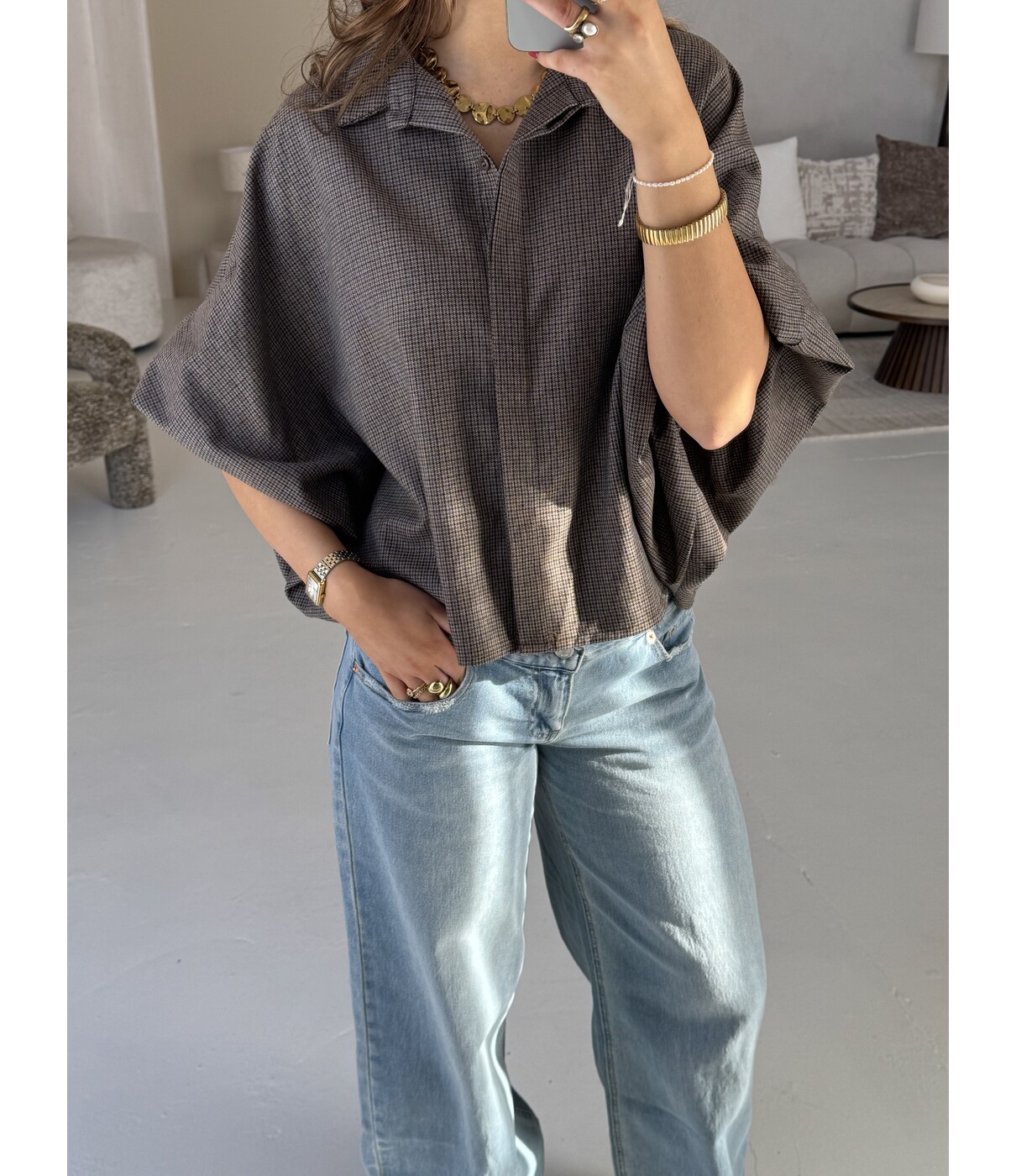 Blouse geruit taupe | Iva
