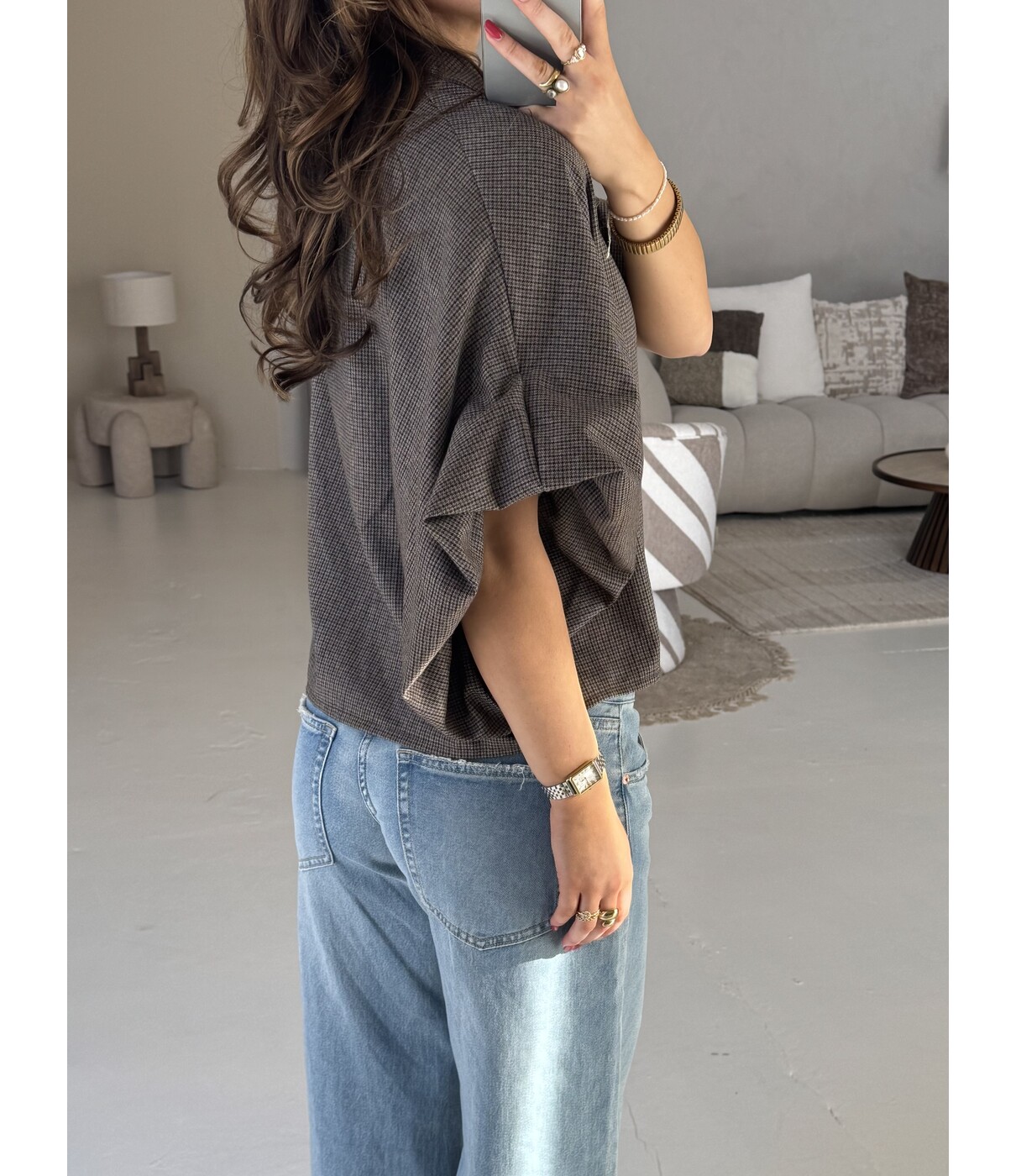 Blouse geruit taupe | Iva