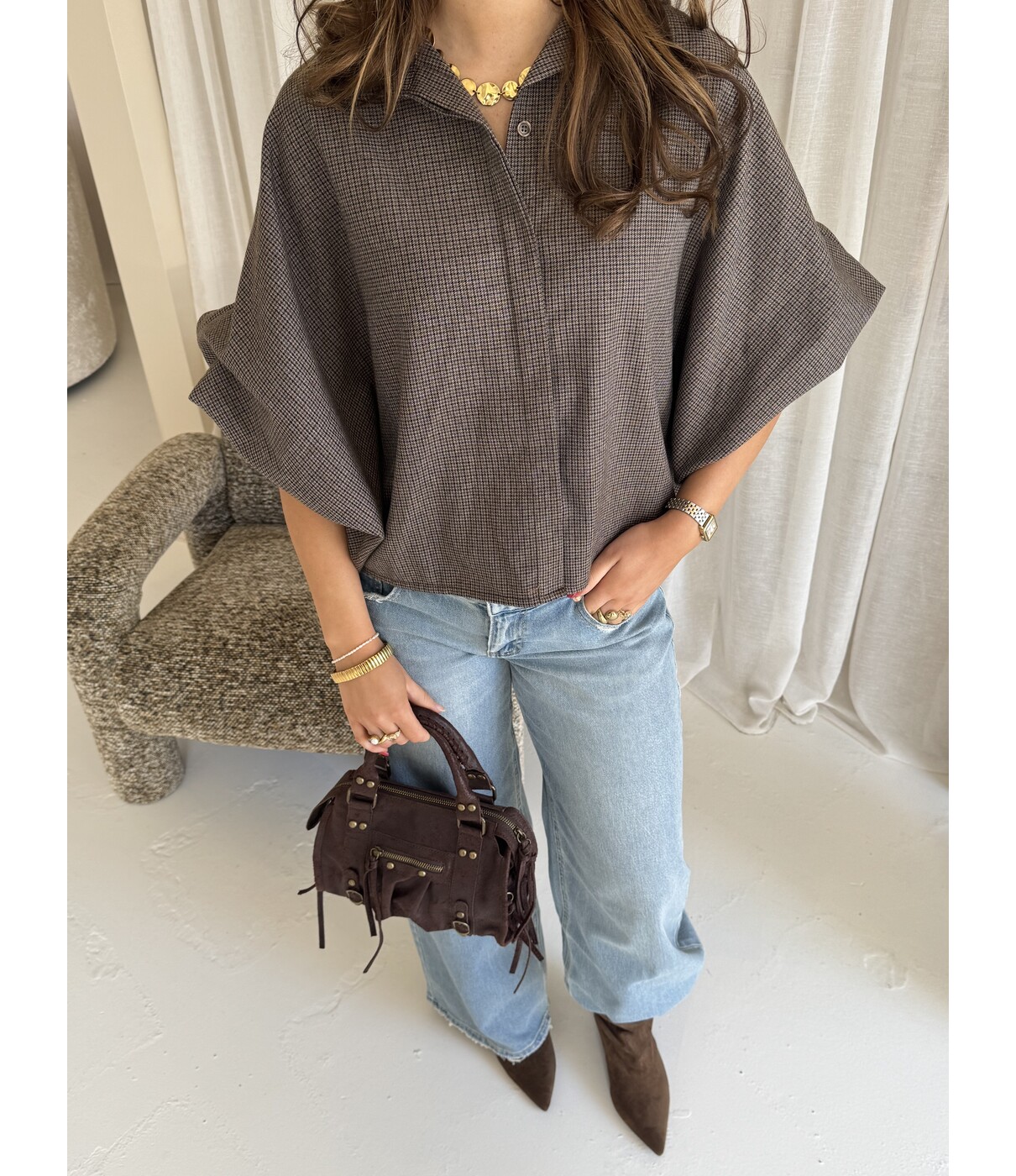Blouse geruit taupe | Iva