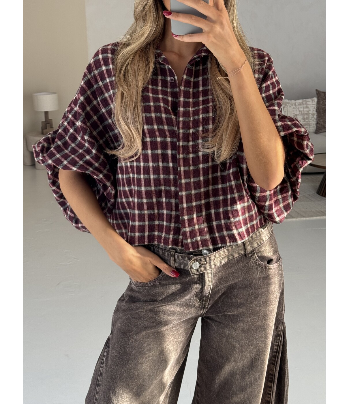 Blouse geruit bordeaux | Iva