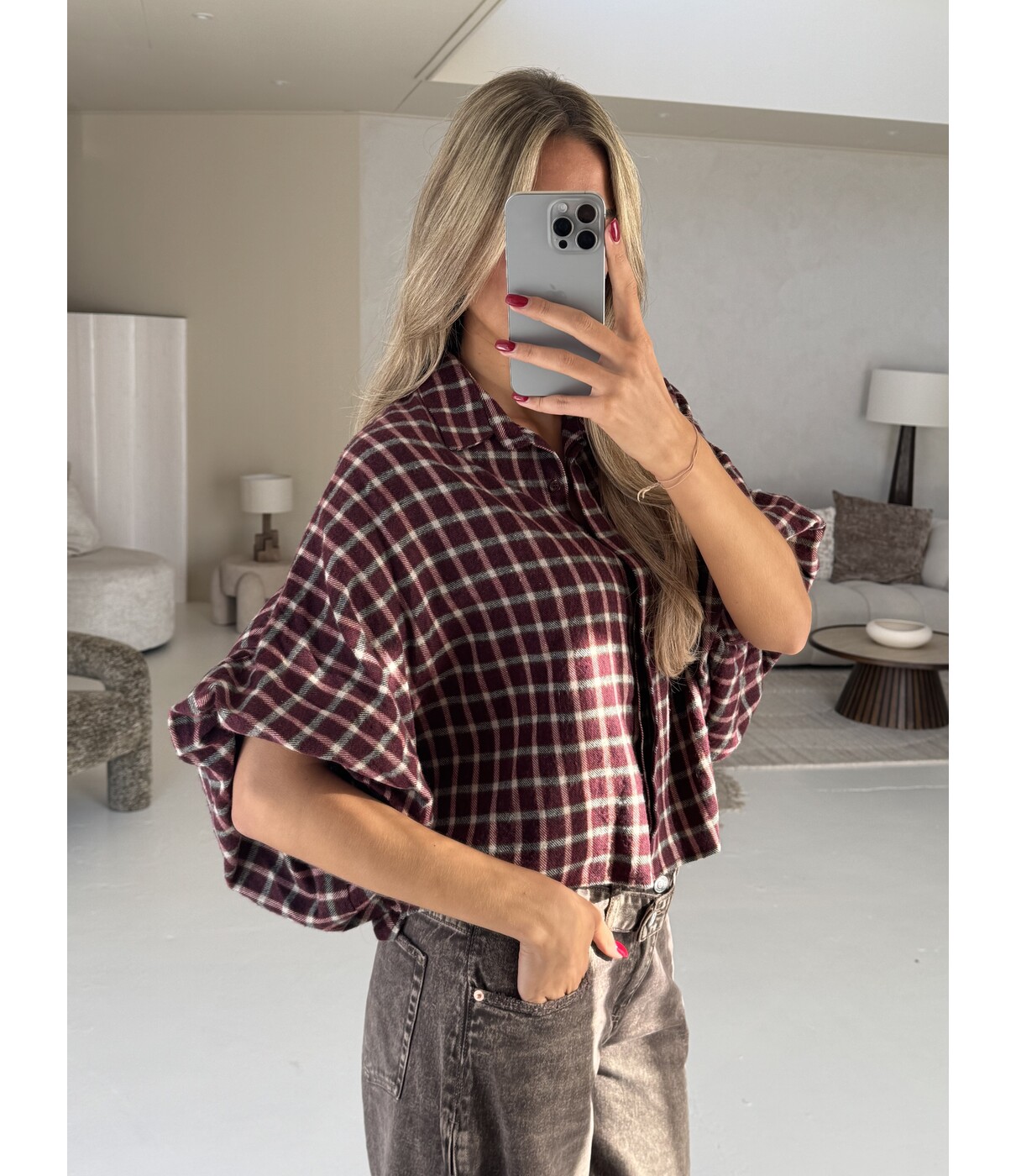 Blouse geruit bordeaux | Iva