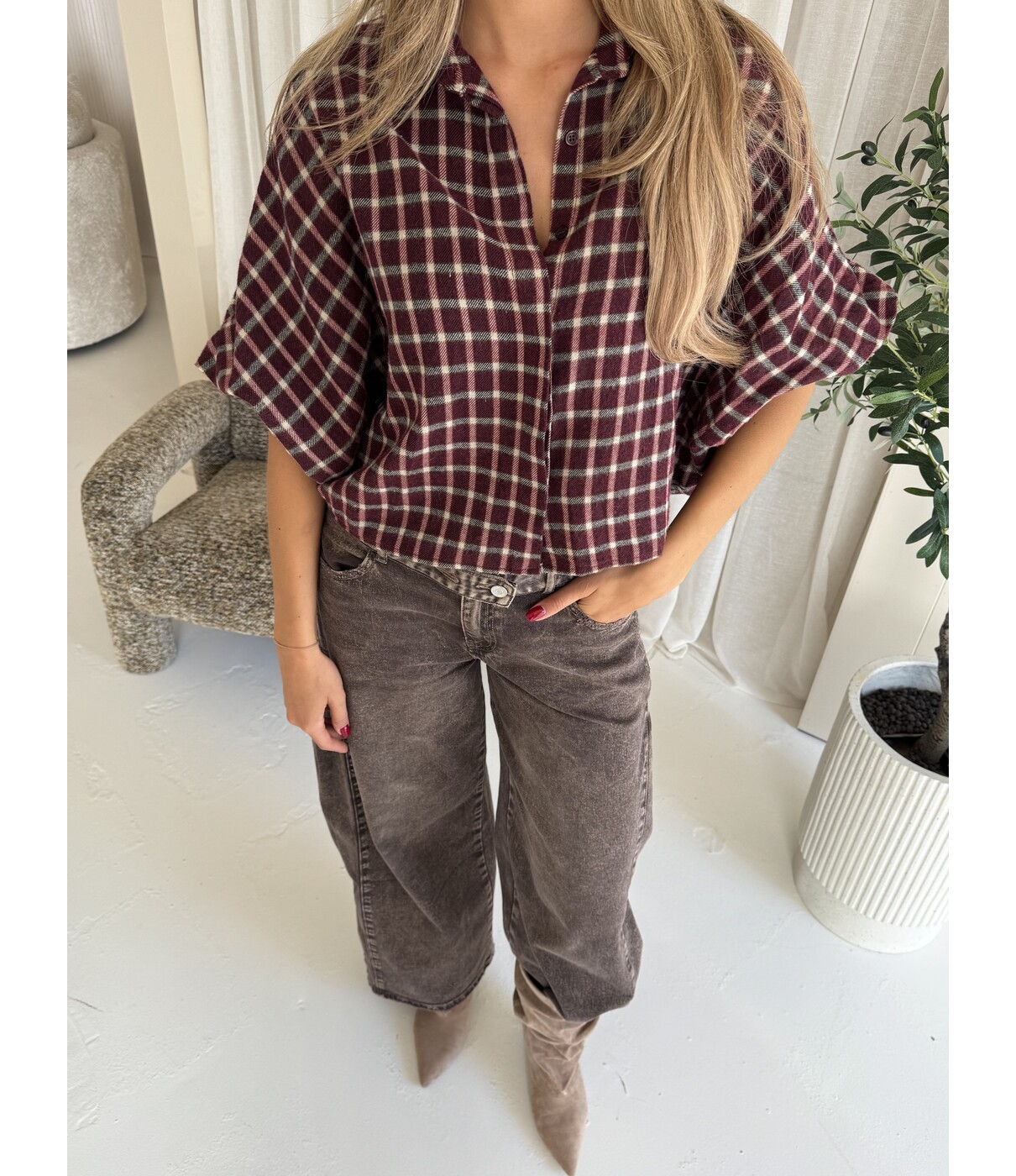 Blouse geruit bordeaux | Iva