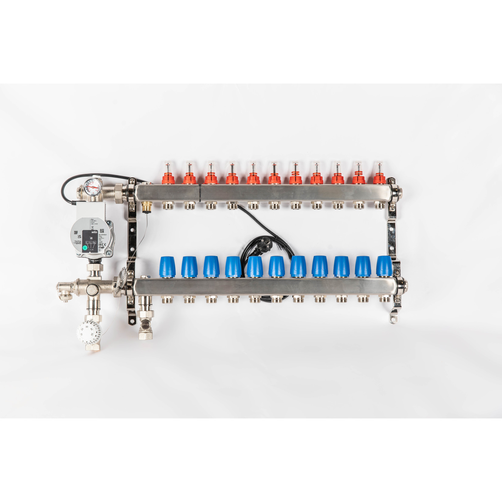 Stainless steel underfloor heating manifold with bottom connection