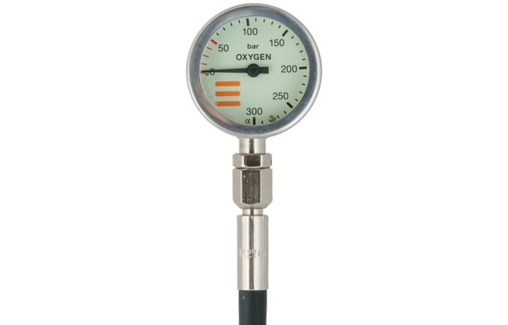 Manometer diam 52 mm O2, scale 300 bar, working pressure 230 bar, nikkel, 20 cm HP slang, Zonder bescherming