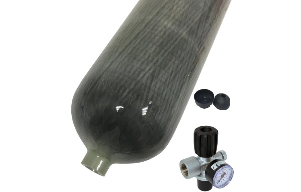 Schietsportfles 9 liter 300 bar carbon met kraan met manometer