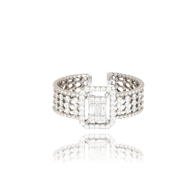 Luxe verstelbare witgouden ring met 0.80 ct baguette en briljant diamanten