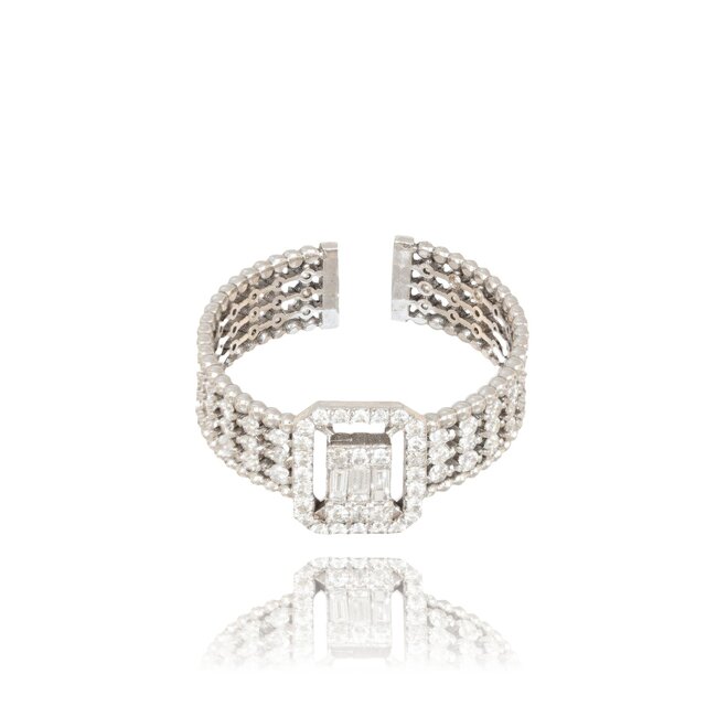 Luxe verstelbare witgouden ring met 0.80 ct baguette en briljant diamanten