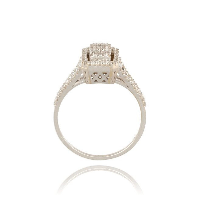 Elegante witgouden split band ring met 0.36 ct baguette en briljant diamanten
