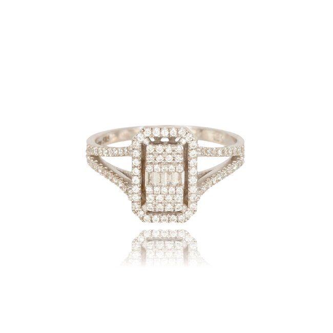 Elegante witgouden split band ring met 0.36 ct baguette en briljant diamanten