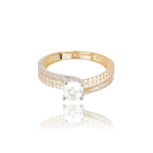 Elegante Ring met Dubbele Pavé Band en Solitaire Steen