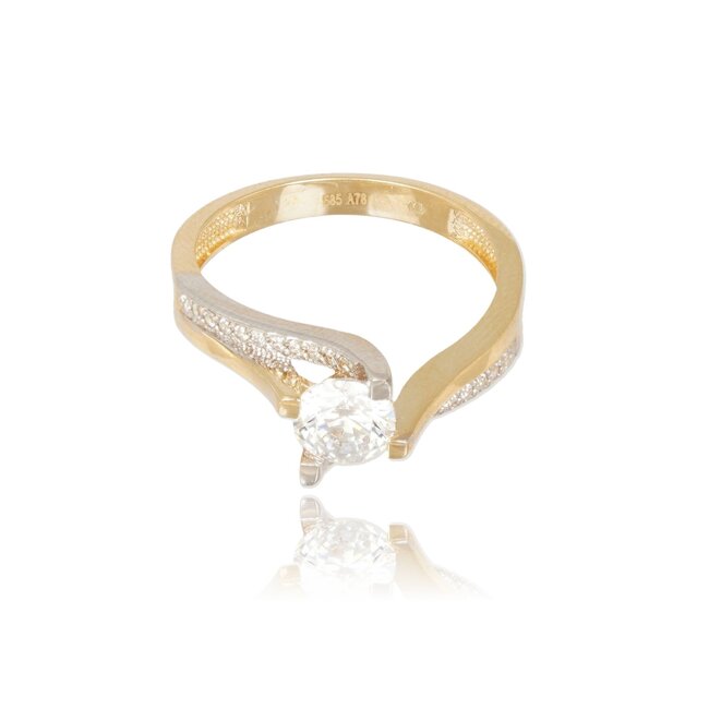 Elegante tweekleurige damesring met solitaire steen en golvende band