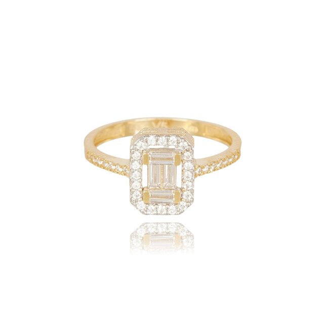 Gouden ring met rechthoekige halo en baguettes