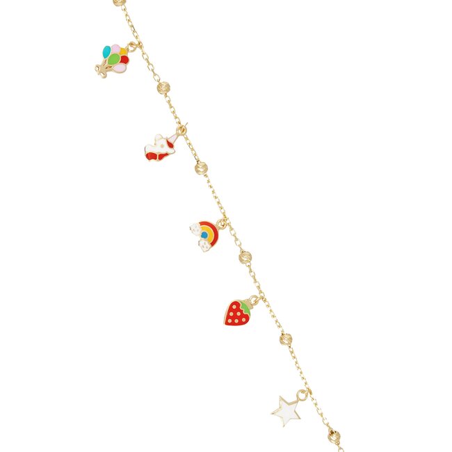 Goldmine Vrolijke gouden kinderarmband met regenboog, aardbei en ster bedels