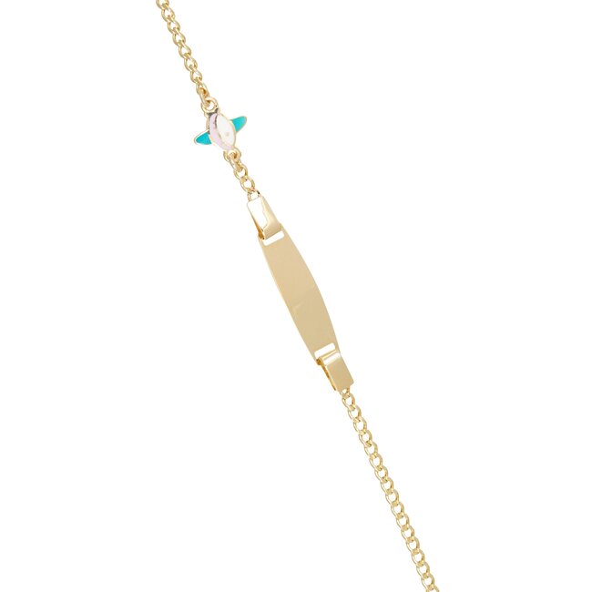 Goldmine Speelse gouden kinderarmband met graveerplaat en kleurrijke planeet hanger