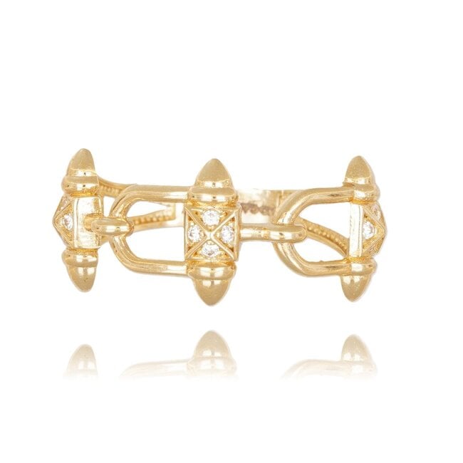 Exclusieve Opengewerkte Ring met Luxe Schakelmotief en Zirkonia